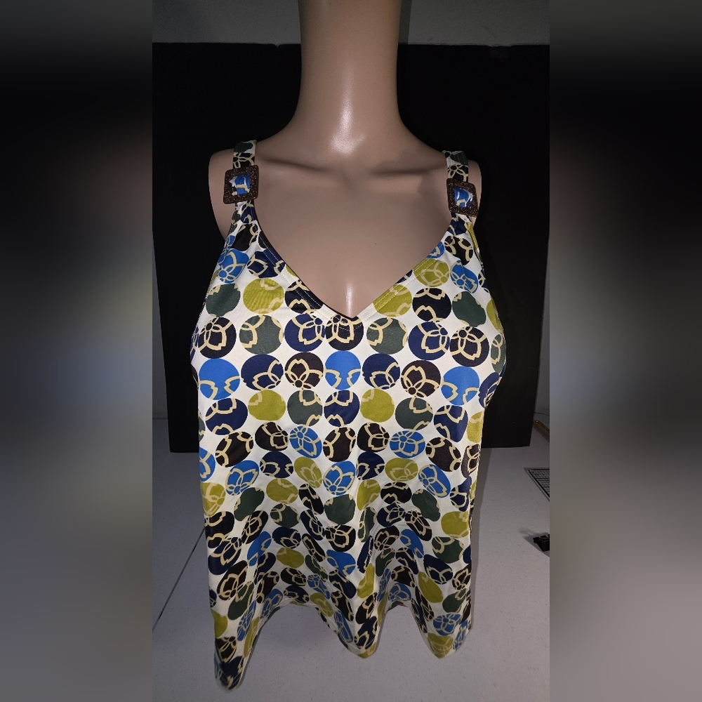 Lands' End Blue and Yellow Patterned Tankini Top Buckle Straps Plus Sz 20W